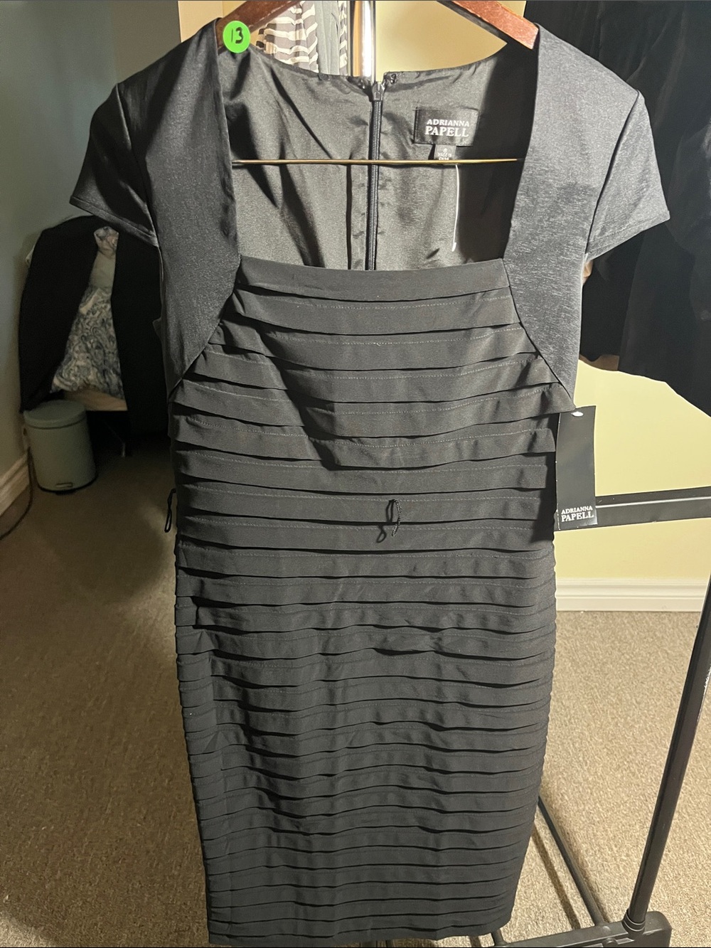 Adrianna Papell Black Pleated Sheath Dress with Cap Sleeves